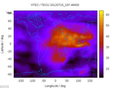 O impacto do sol na ionosfera: torna-se mais turbulento quando o calor do sol o engrossa e, novamente, à noite, esfria. O estado da ionosfera é frequentemente medido em termos de conteúdo vertical total de elétrons