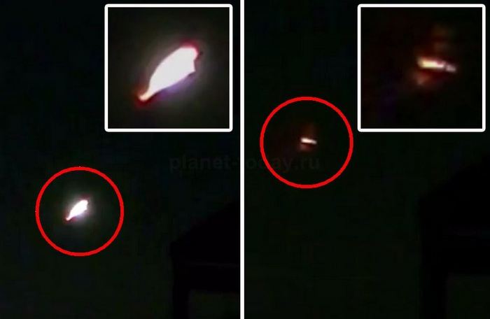 Noite, um flash brilhante e um OVNI voam para fora dele.