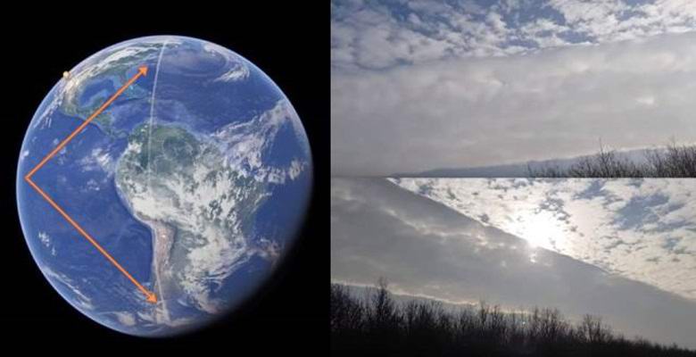 A misteriosa linha de nuvens se estende entre os pólos sul e norte da Terra