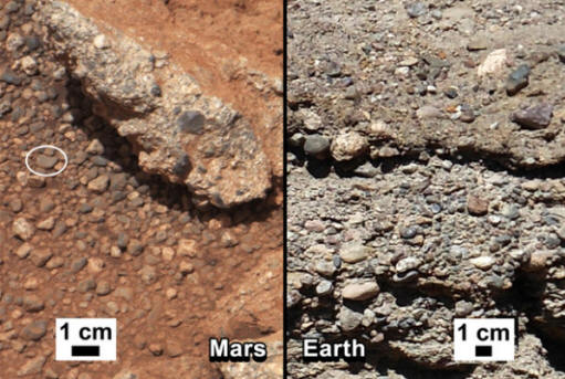 O leito de um riacho seco em Marte (esquerda) e na Terra (direita) NASA / JPL-Caltech